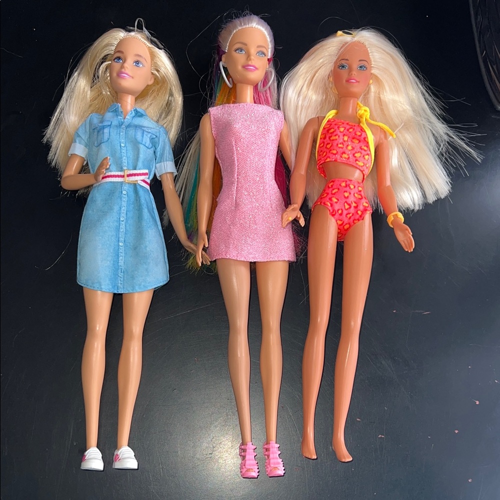 Barbie Blonde Doll Trio - Blue Denim, Pink Dress, Hot Pink Leopard Swim
